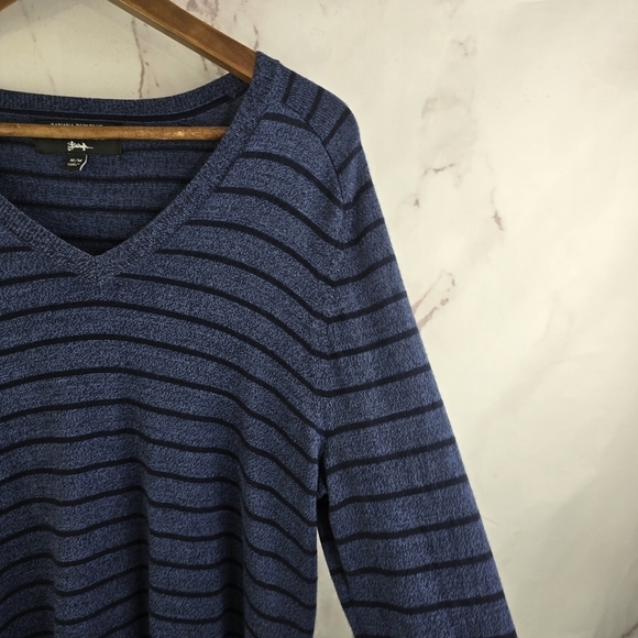 Banana Republic Sweater Men Medium Blue Merino Wool Striped V Neck Navy Baruffa - Picture 10 of 11